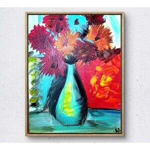 WS original pointy flowers hand painted 14X11 Canvas acrylic abstract modern art